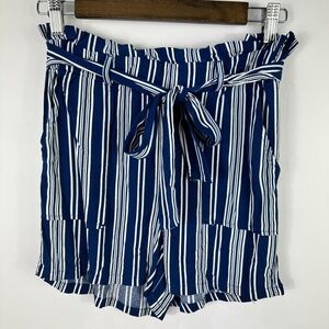 Shosho Paperbag Shorts Women S Navy‎ White Striped Belted Pockets Coastal Boho